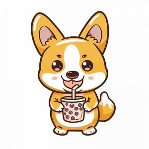 24 Cute Corgi with Bubble Tea Clipart, Cartoon Dog Drinking Boba Tea Artwork, Adorable Pet Illustration for DIY Projects