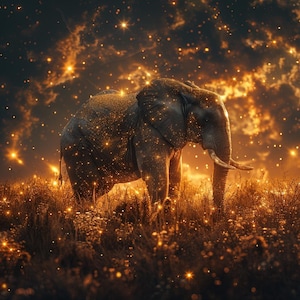 24 Elephant Clipart, Magical Animal Art, Celestial Landscape, Golden Sparkle Design, Fantasy Illustration, Digital Download