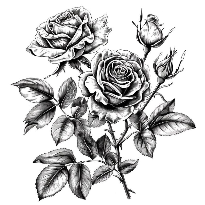 Op de afbeelding: Zwart-witte lijntekening van een rozenboeket met drie rozen en knoppen, met gedetailleerde bladeren en stelen.