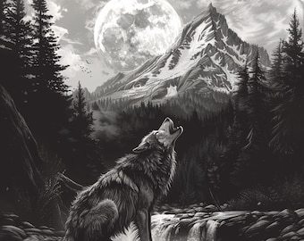 24 Howling Wolf Clipart, Full Moon Clipart, Mountain Clipart, Forest Clipart, Nature Clipart, Grayscale Clipart, Digital Download