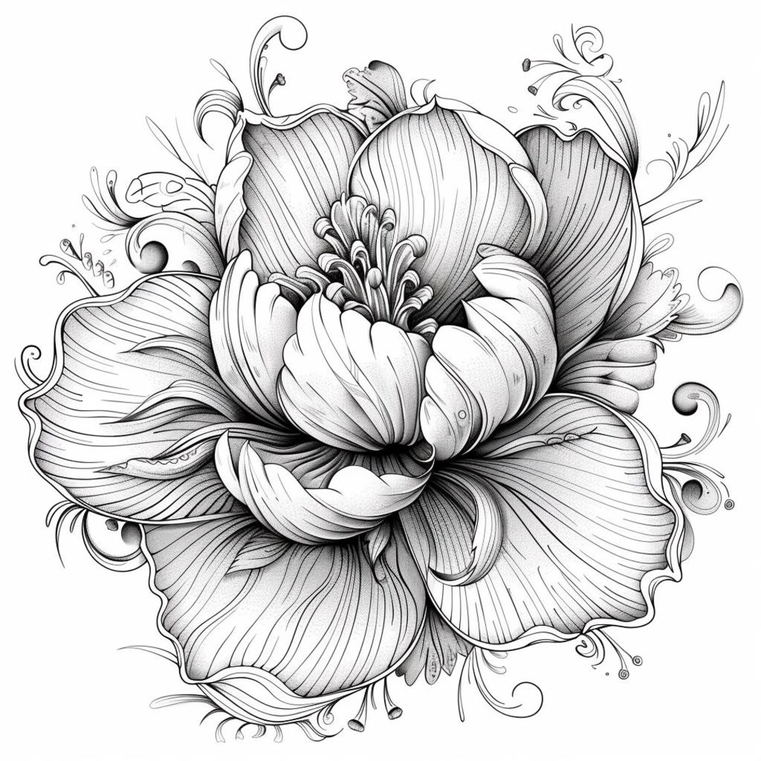 48 美しい牡丹の花の線画クリップアート、花のクリップアート、植物の