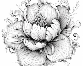 Può includere: Un disegno in bianco e nero di un grande fiore dettagliato con petali intricati e vorticosi. Il fiore è circondato da disegni floreali più piccoli e delicati.
