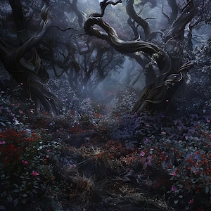 May include: A digital painting of a dark, mysterious forest. Twisted, gnarled trees dominate the scene, their branches reaching across the top. The undergrowth is a mix of dark green, purple, and red foliage, creating a moody, atmospheric landscape.