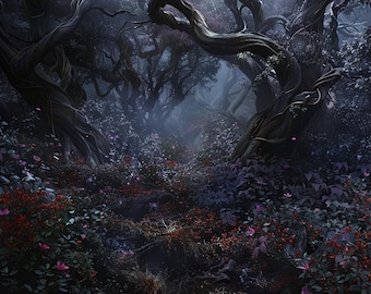 24 Dark Forest Clipart, Twisted Trees, Floral Undergrowth, Moody Woodland Scene, Fantasy Landscape Design, Digital Download