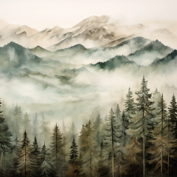 Paysage forestier de montagne brumeuse, aquarelle de fond de forêt, PNG de haute qualité, clipart forêt aquarelle, fabrication de cartes, agenda numérique