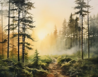 May include: A misty forest path winds through tall pine trees, bathed in the warm glow of the morning sun. The path leads into the distance, disappearing into the fog.