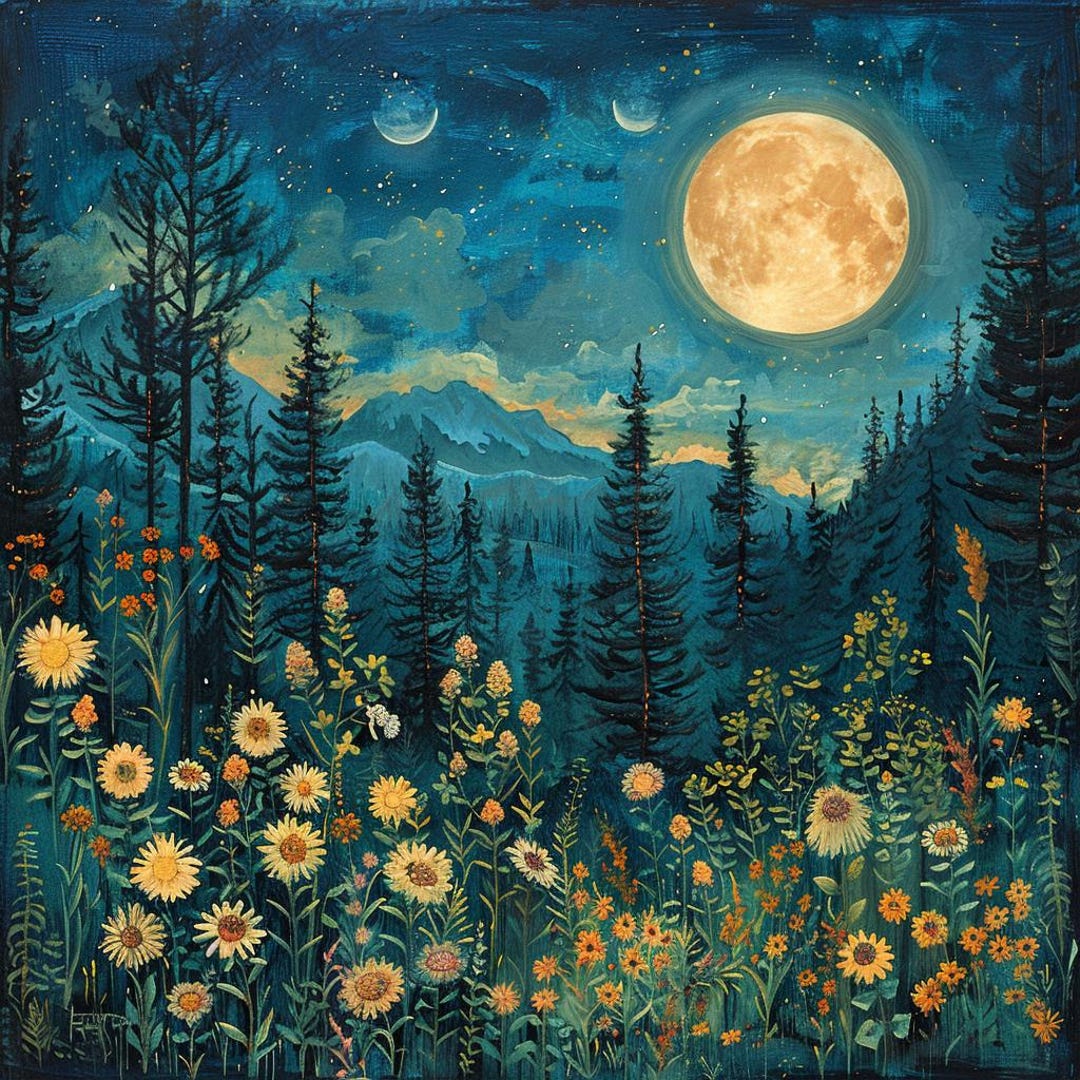 絵画　月明かりの山脈 月明かりに照らされた森のクリップアート、夜空の山の草原のアート