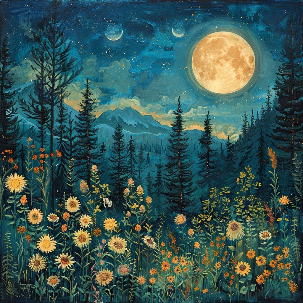 月明かりに照らされた森のクリップアート、夜空の山の草原のアート