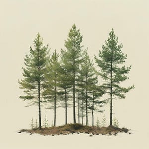 May include: A group of six evergreen trees stand on a small island in a field. The trees are all tall and slender, with dark green needles. The island is covered in brown grass and rocks.