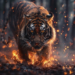 Puede incluir: Un tigre con rayas naranjas y negras camina por un paisaje de fuego. Los ojos del tigre brillan con una intensa luz naranja. Las llamas son de un naranja y amarillo brillante.