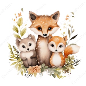 16 Waldtiere, kleine Tiere Aquarell Clip Art, Rehe, Fuchs, Wald, Blumen, Kartenherstellung, Babyparty, Kinderzimmer Kunst