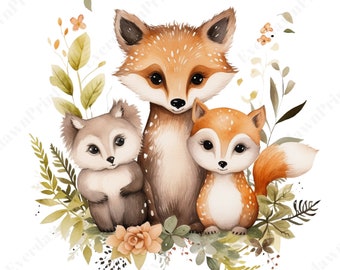 16 criaturas del bosque, pequeños animales, acuarelas, ciervos, zorros, bosques, flores, creación de tarjetas, baby shower, arte infantil