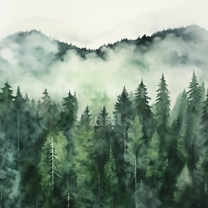 Op de afbeelding: Een aquarel van een mistig bos met hoge groenblijvende bomen. De mist is dik en verhult de toppen van de bomen, waardoor een gevoel van mysterie en diepte ontstaat.