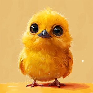 May include: A fluffy yellow chick with large, dark eyes and a small, black beak. The chick is standing on a light brown surface.