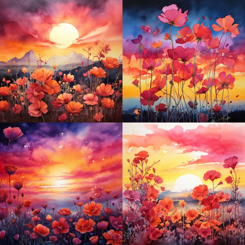 24 Watercolor Sunset Floral Clipart, Watercolor Flowers Clipart, High ...