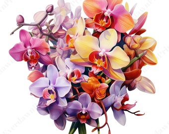 32 Watercolor Orchid Bouquet Clipart – Tropical Floral PNGs for Wedding Invitations, Branding, Sublimation & Crafts