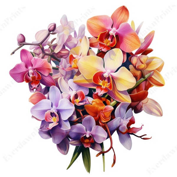 32 Watercolor Orchid Bouquet Clipart, High Quality Transparent PNG, Orchids, Floral Clipart, Flower Cliparts, Digital Download