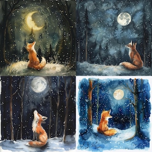 May include: Four watercolour paintings of foxes in a snowy forest at night. Each painting features a fox looking up at a crescent moon. The foxes are all different colours, but they all have a similar pose.