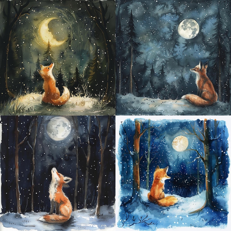 May include: Four watercolour paintings of foxes in a snowy forest at night. Each painting features a fox looking up at a crescent moon. The foxes are all different colours, but they all have a similar pose.