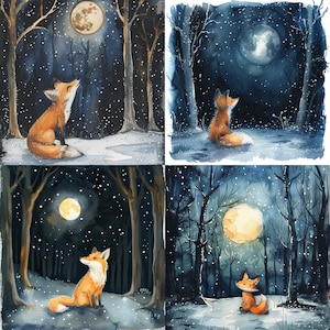 May include: A watercolour painting depicting four scenes of a fox gazing upwards at a full moon in a snowy woodland. The fox is orange and white with a bushy tail. The moon is white and set against a dark blue sky.