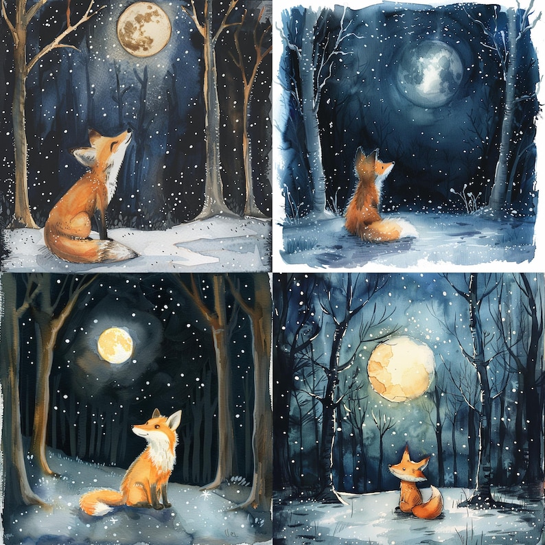 May include: A watercolour painting depicting four scenes of a fox gazing upwards at a full moon in a snowy woodland. The fox is orange and white with a bushy tail. The moon is white and set against a dark blue sky.