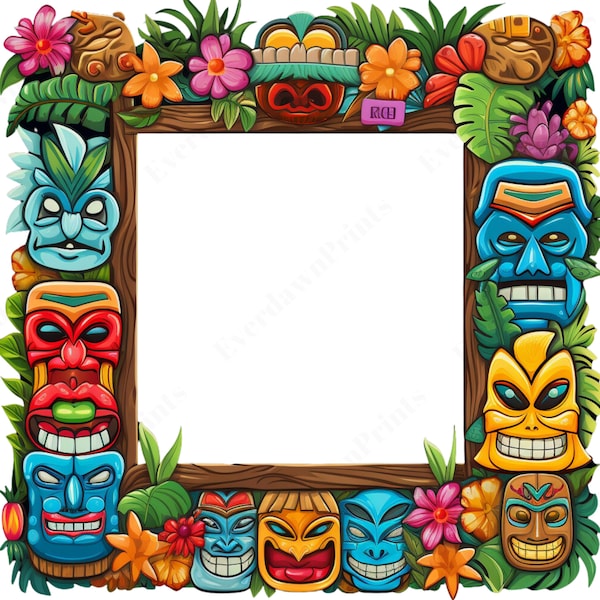 52 Watercolor Tiki Frames, Party Frames, Hawai Borders, Hawai Frames, Hawai, Tiki Mask, High Quality PNG, Card Making, Digital Planner