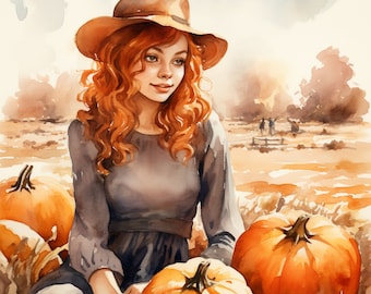 19 Watercolor Pumpkin Patch Girl Clipart, Clipart, PNG, Autumn Girl, Autumn Clipart, Girl Clipart, Fall Clipart, Instant Digital Download
