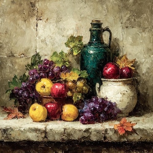 May include: Still life painting featuring a teal bottle with a handle, a white ceramic pot, and a copper bowl filled with fruit. The fruit includes red apples, yellow pears, and purple and green grapes. Autumn leaves are scattered around the arrangement.