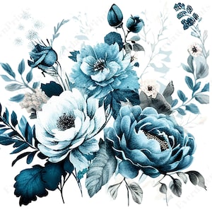 55 Dusty Blue Blumen, Aquarell Blumen Clipart, hochwertige PNG, Kartenherstellung, digitaler Planer, Blumenrahmen