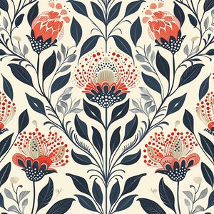 May include: A symmetrical floral pattern with stylized flowers and foliage. The design uses red, navy, and beige against a cream backdrop. The flowers have dotted details and the leaves are a deep navy colour. A decorative design.