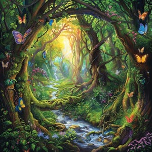 May include: A whimsical forest scene with a stream flowing through the center. Lush green foliage, vibrant flowers, and colorful butterflies create a magical atmosphere.