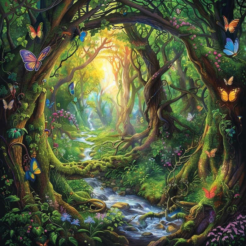 May include: A whimsical forest scene with a stream flowing through the center. Lush green foliage, vibrant flowers, and colorful butterflies create a magical atmosphere.