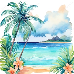 May include: Watercolor painting of a tropical beach scene with palm trees, blue water, and a small island in the distance.