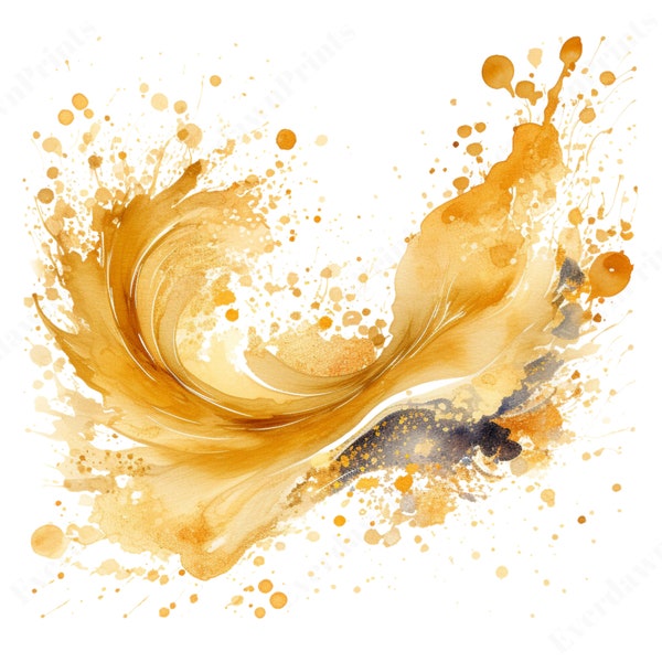 25 Watercolor Golden Splash, Splash, Watercolor Splash, Clipart, Abstract Clipart, PNG, Commercial Use, Instant Download, Card Making