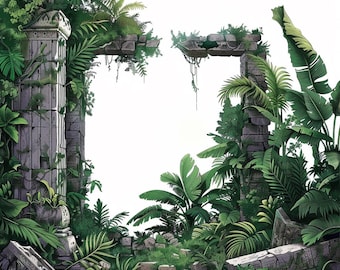 May include: An illustration of ancient stone ruins overgrown with lush green tropical plants. The image features weathered columns, archways, and scattered stone blocks, framed by vibrant foliage, creating a sense of an abandoned, jungle-covered civilization.