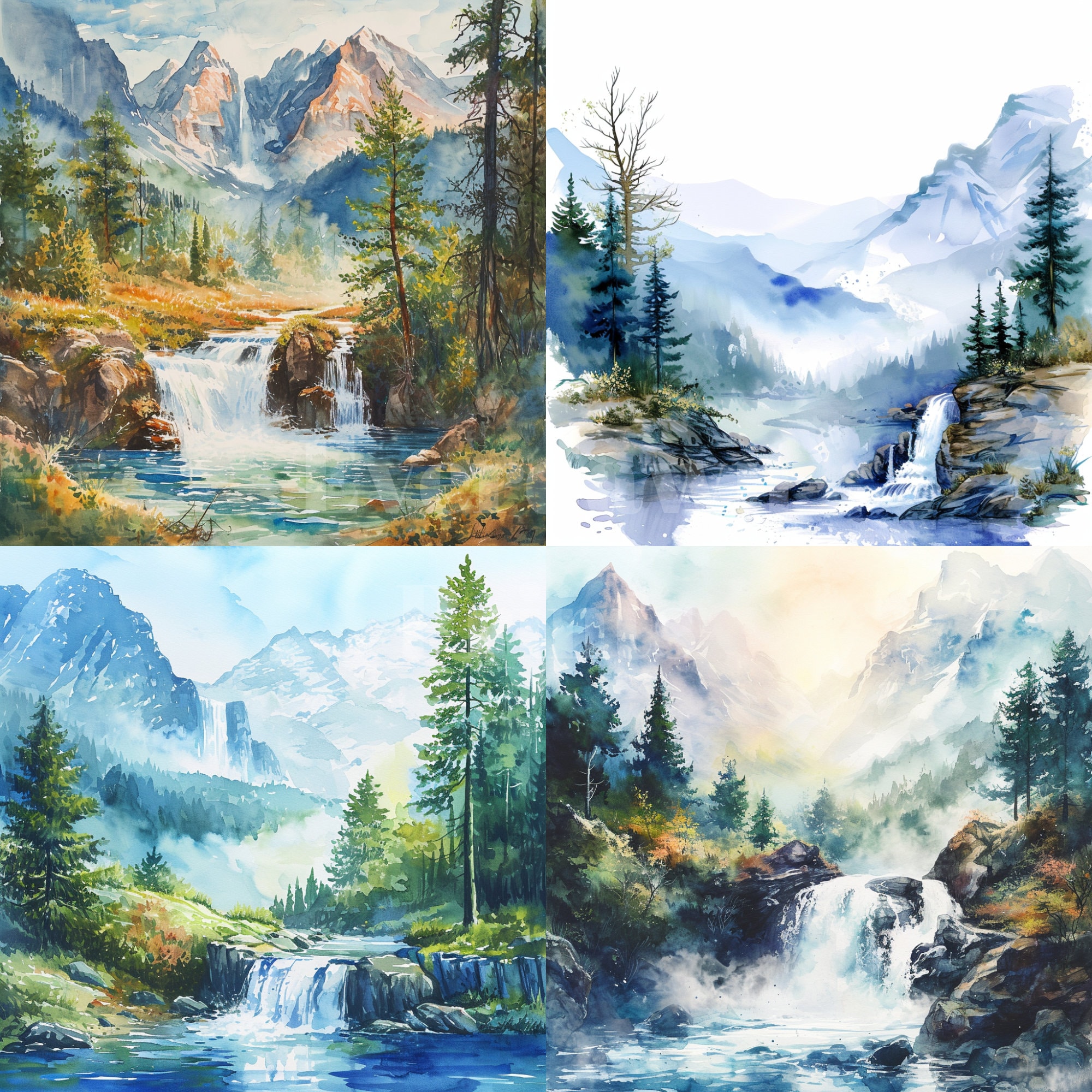 24 Trees Near River and Mountains Watercolor Clipart - Foggy Forest ...