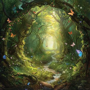 May include: A magical forest scene with a path leading through a tunnel of trees. The path is lined with lush green foliage and a small stream flows down the center. Butterflies of various colors flutter around the trees and flowers.