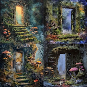 May include: A digital collage of four images featuring mossy stone archways with doors leading into a mysterious forest. Each doorway is framed by lush greenery and glowing light, with mushrooms scattered throughout the scene.