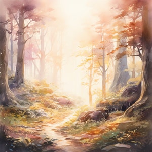 18 boschi soleggiati incantati, sfondi ad acquerello, clipart foresta, clipart foresta ad acquerello, creazione di biglietti, pianificatore digitale, bordi