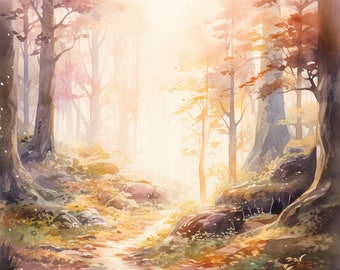 Enchanted Sunny Woods Watercolor Clipart, Digital Planner Backgrounds (Digital Download)