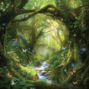 May include: A magical forest scene with a stream running through the center. Lush green foliage, trees, and vines create a whimsical atmosphere. Colorful butterflies flutter around the trees and stream.