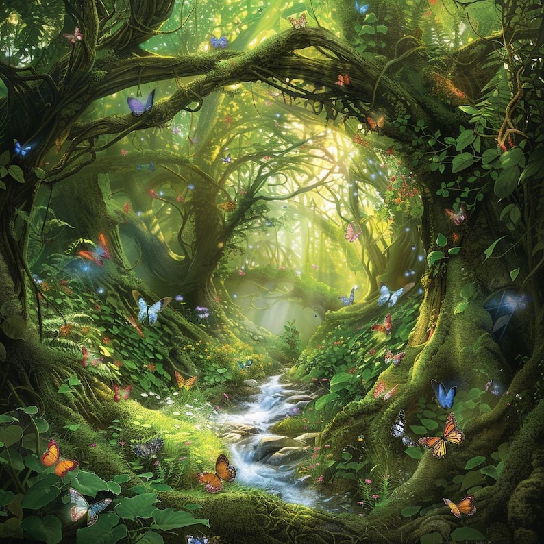 May include: A magical forest scene with a stream running through the center. Lush green foliage, trees, and vines create a whimsical atmosphere. Colorful butterflies flutter around the trees and stream.