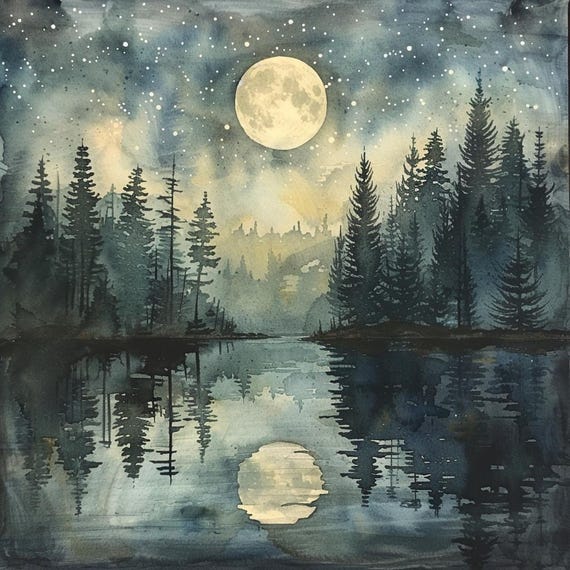 月明かりに照らされた湖のクリップアート28点、水彩画の松の木、夜空の