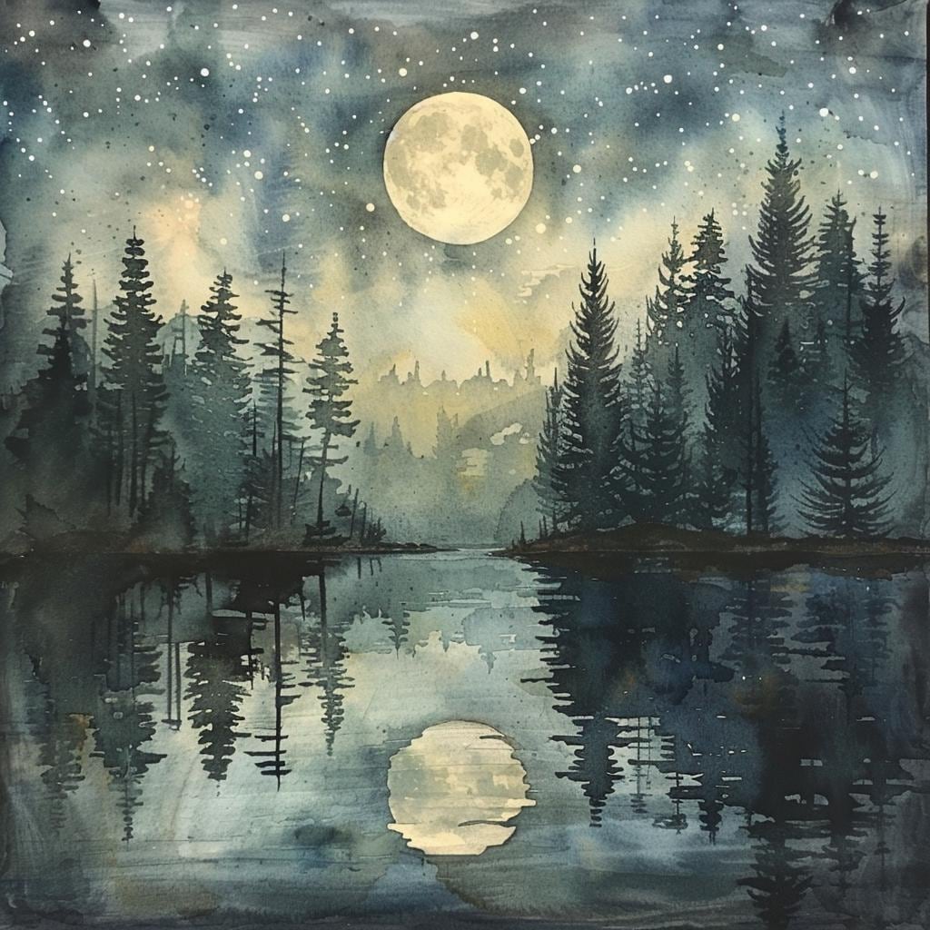 月明かりに照らされた湖のクリップアート28点、水彩画の松の木、夜空の