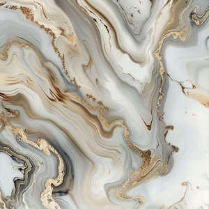 May include: Abstract marble design with flowing patterns in shades of white, gray, and brown. Gold accents create a luxurious, fluid effect. The overall aesthetic is elegant and sophisticated, suitable for various decorative applications.