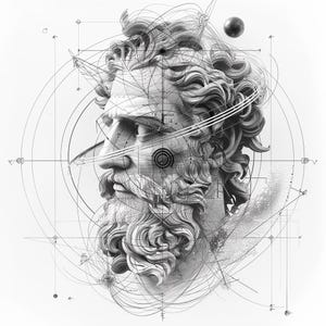 Könnte beinhalten: Ein Schwarzweiß-Digitaldruck eines Männerbüsten mit Bart und langem Haar. Die Büste ist von geometrischen Formen und Linien umgeben.