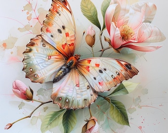 May include: Watercolor illustration of a butterfly with orange, white, and brown wings, accented with red spots. The butterfly is positioned near pink magnolia flowers and green leaves, set against a soft, light background.