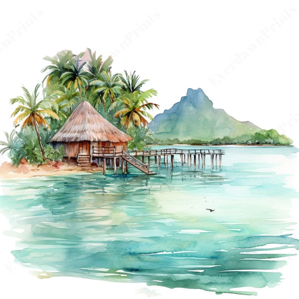 25 Watercolor Bora-Bora Clipart - Transparent PNG - Tropical Island Clipart in PNG format Card Making Instant download for Commercial use