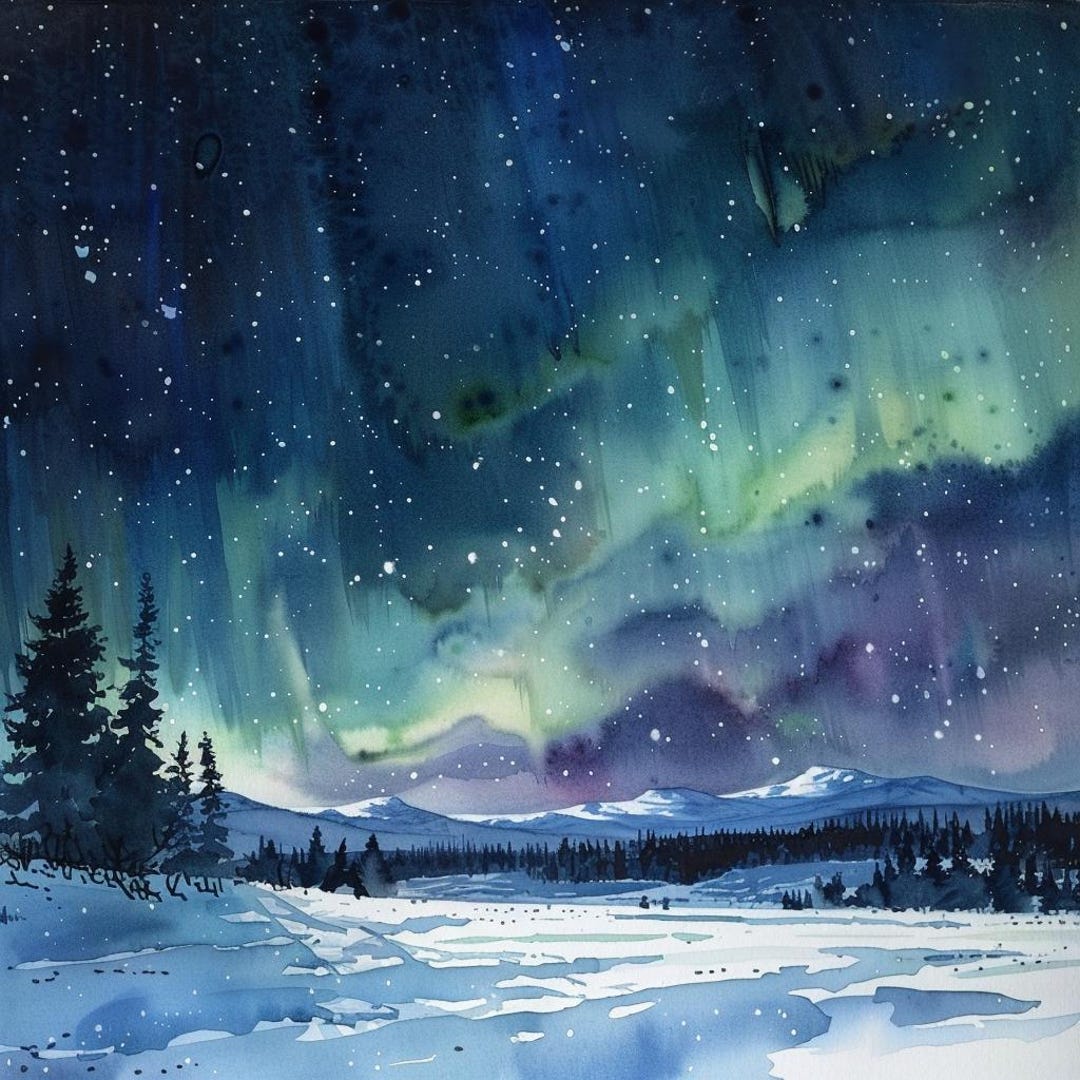 オーロラの冬の風景画　肉筆油彩画 オーロラの冬の風景画 肉筆油彩画 オーロラの冬の風景画 肉筆