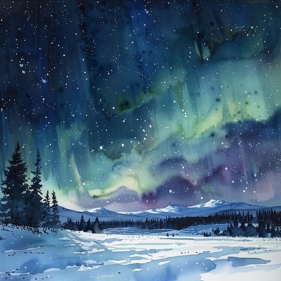 オーロラの冬の風景画　肉筆油彩画 オーロラクリップアート、水彩画の空の背景、夜空のPNG、ファンタジー